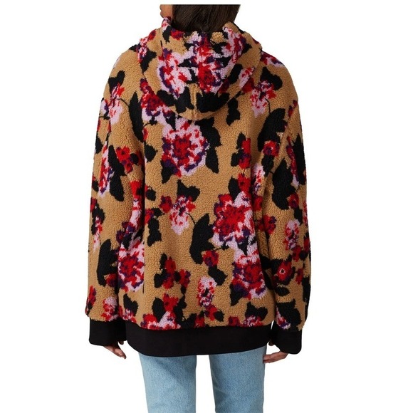 MSGM Giubbino Fleece Jacket Tan Red Floral Sherpa Zip Up Hooded Sz 38 / 4 US